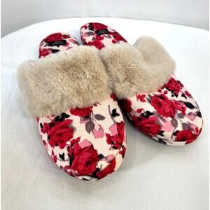 Red Pink Rose Slippers Women's Medium Victoria's Secret Satin Faux Fur Trim